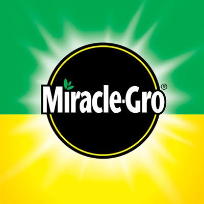 Miracle-Gro logo with a green and yellow background and a black circle with the brand name.