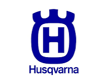 Husqvarna logo featuring a blue shield with a stylized H and crown design, and the brand name beneath.