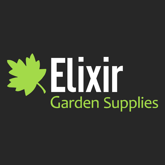 Logo for Elixir Garden Supplies featuring a green leaf and text on a black background.