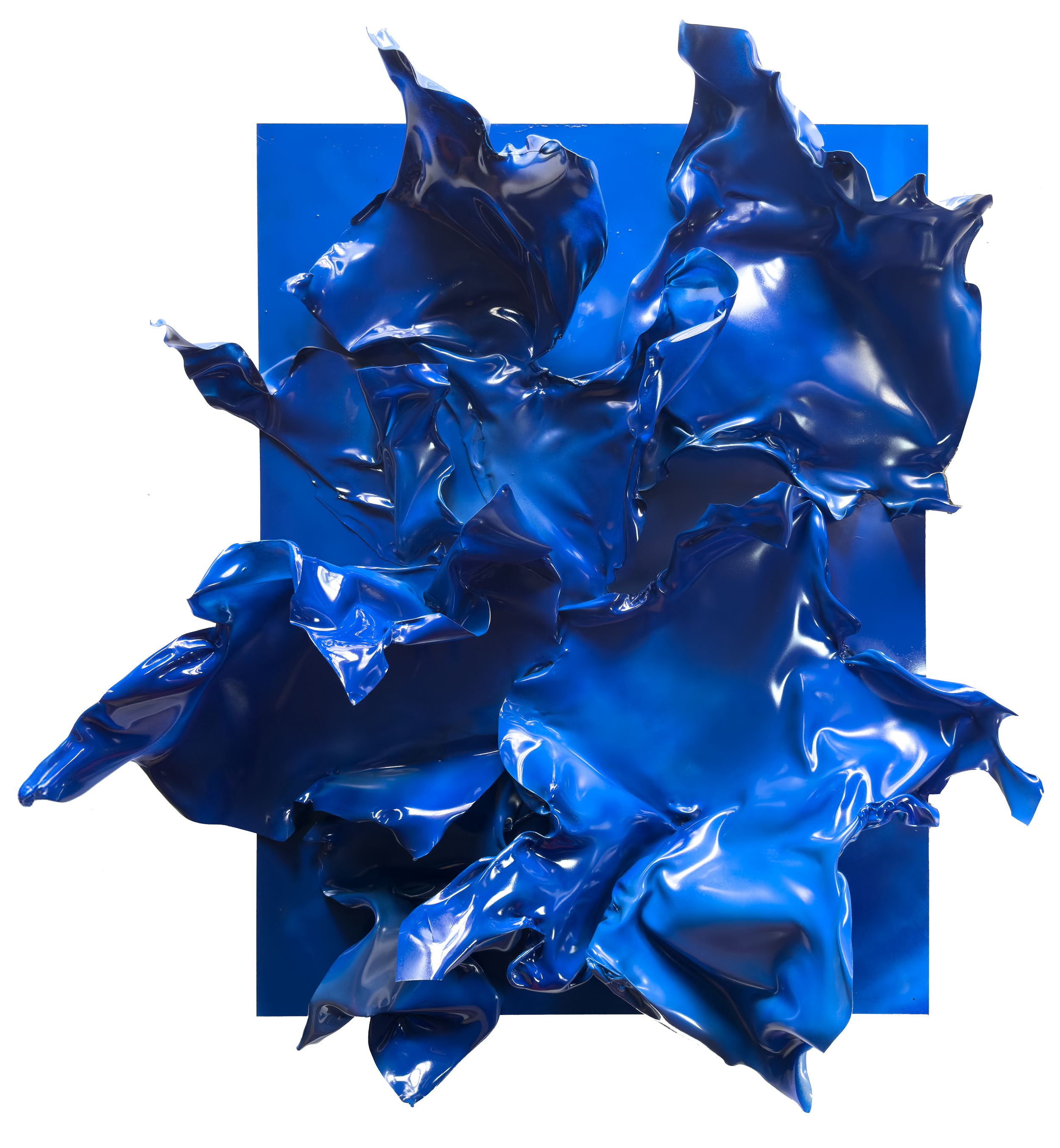 Abstract blue sculpture with shiny, crumpled, and flowing forms.
