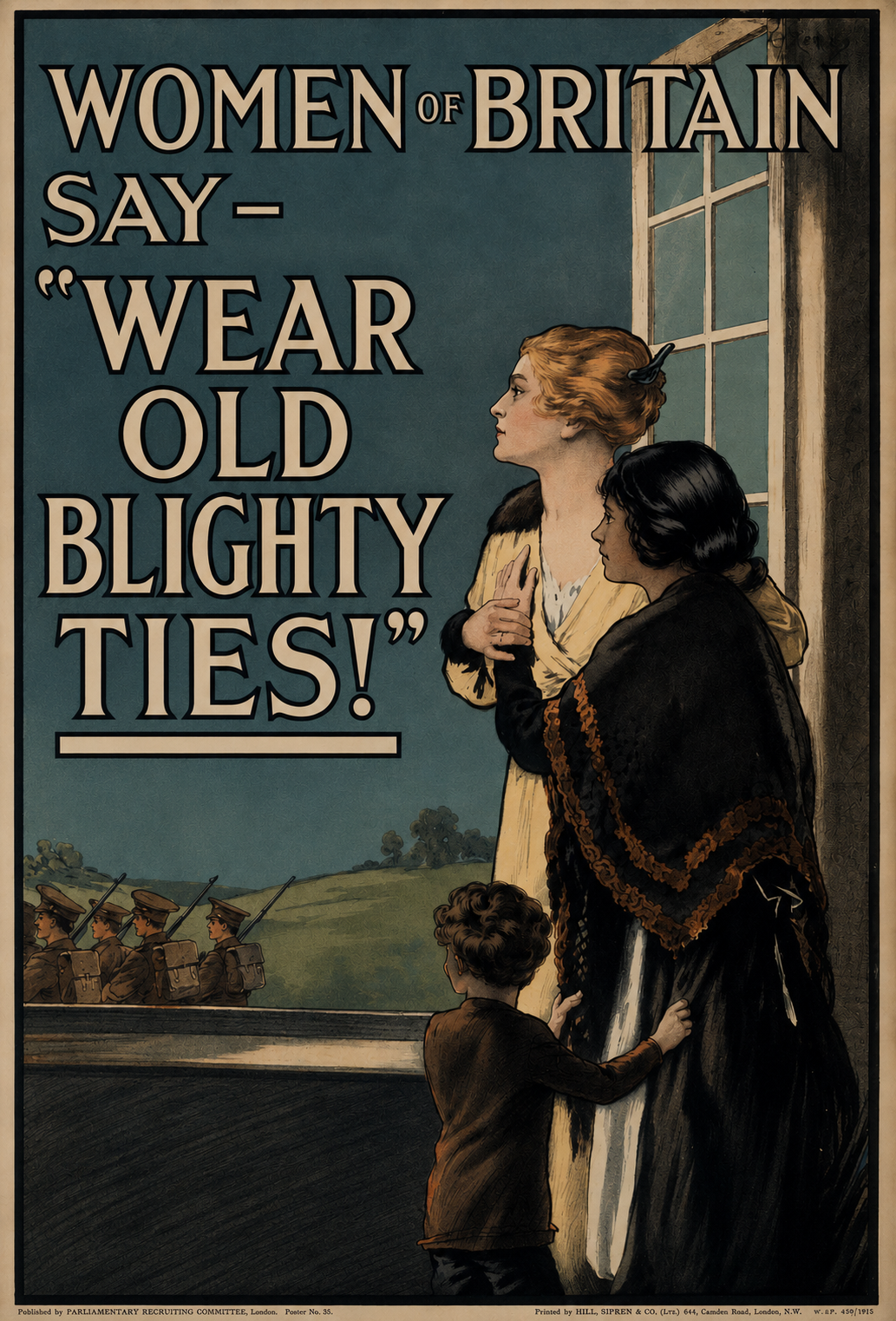 A vintage poster featuring two women looking out a window, with a young boy beside them. The women are dressed in early 20th-century attire. In the background, soldiers march across a field. The poster's text reads: "Women of Britain Say — 'Wear Old Blighty Ties!'"