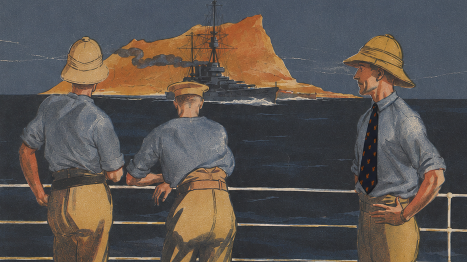 Three sailors in uniform onboard a ship, watching a battleship releasing smoke near an island with a mountain in the background.