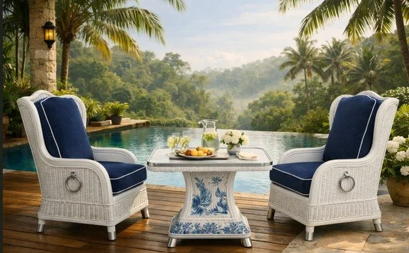 Luxury contract-grade rattan bistro set with premium navy velvet cushions, durable design for high-end hospitality projects.