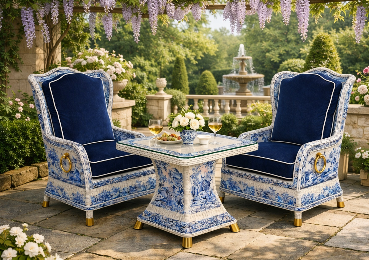 Luxury PE rattan bistro set with premium velvet cushions, engineered for durability and style in professional hospitality.