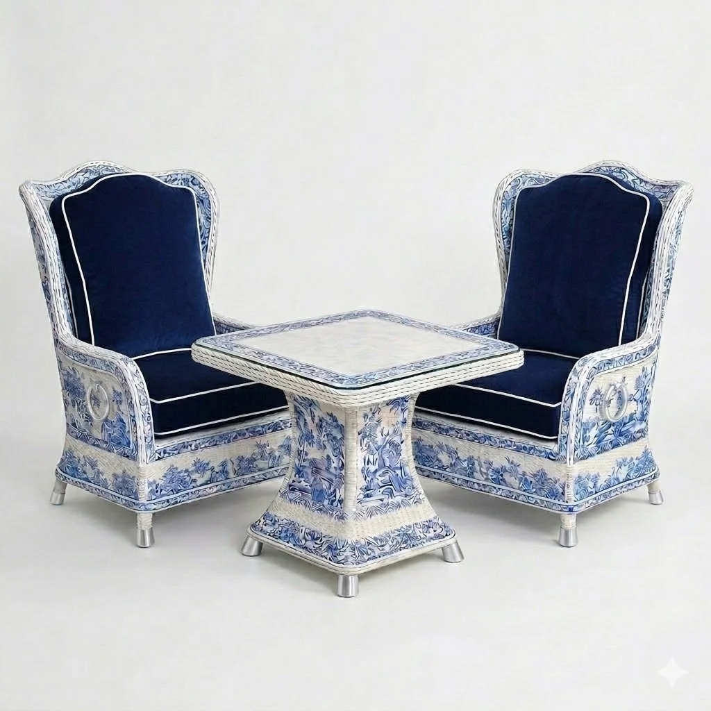 Comercial-grade outdoor bistro set by House of Lawford .Features the portelain-patterned blue and white round rattan two-seat loveseat with navy velvet cushions alongside a matching weather-resitant resturant dining table