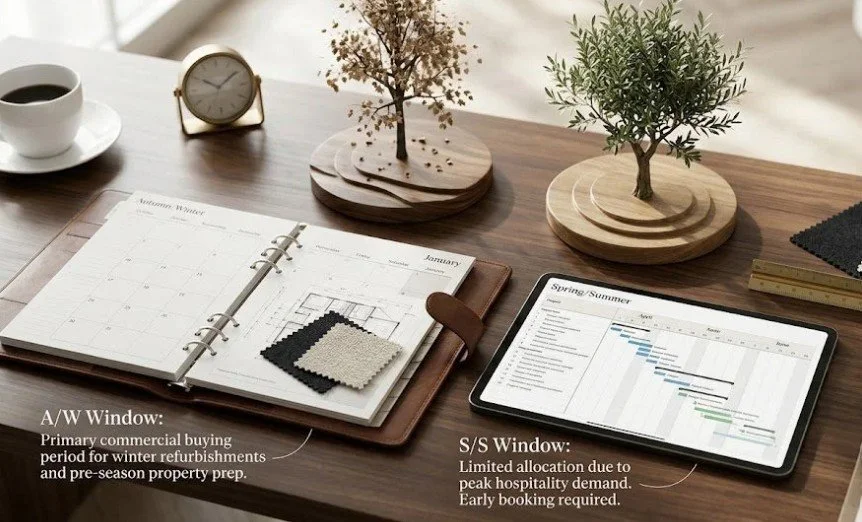 A wooden desk with a white coffee mug, a minimalist clock, a calendar planner open to January, fabric swatches, two small wooden tree sculptures, and a tablet displaying a project schedule. The overlay text indicates that the A/W (Autumn/Winter) window is for winter refurbishments and pre-season property prep, while the S/S (Spring/Summer) window has limited availability due to peak demand, requiring early booking.