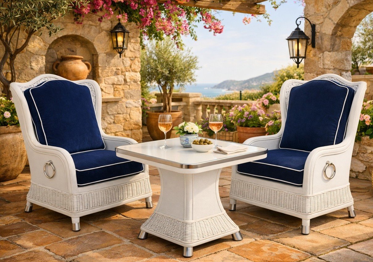 Professional-grade bistro set featuring premium durable rattan and plush velvet cushions, ideal for luxury commercial use.