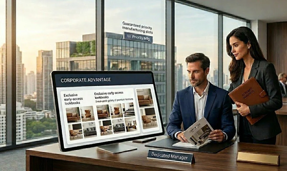 A businessman and a businesswoman review furniture catalogs in a modern office with a cityscape view. A computer screen displays furniture images and the words "Corporate Advantage" and "Exclusive early-access lookbooks."