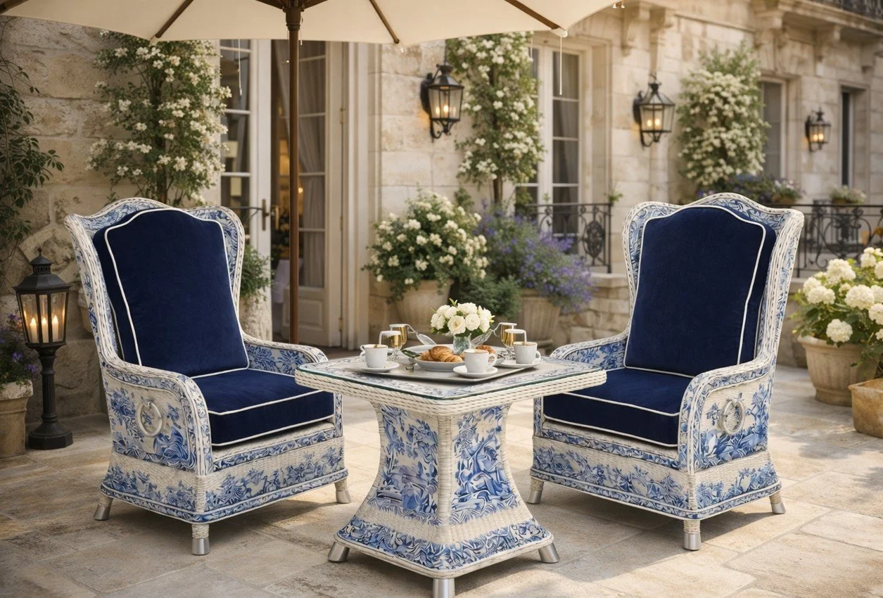 Durable, contract-grade rattan bistro set with premium velvet cushions, designed for luxury boutique hotel terraces.
