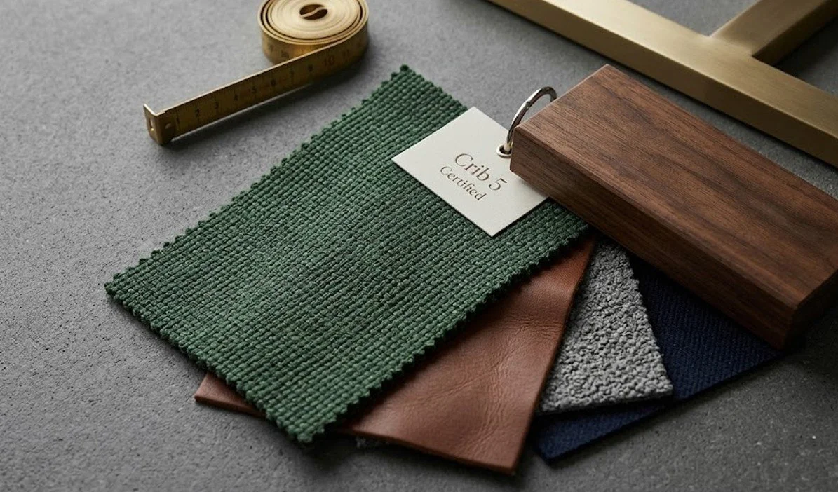 Sample swatches of fabric and wood, a measuring tape, and a ring binder with a tag labeled 'Crib 5 Certified' on a grey surface.
