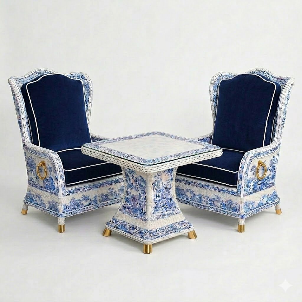 A vintage-style furniture set consisting of two armchairs and a small square table with intricate blue and white patterns, gold accents, and dark cushions.