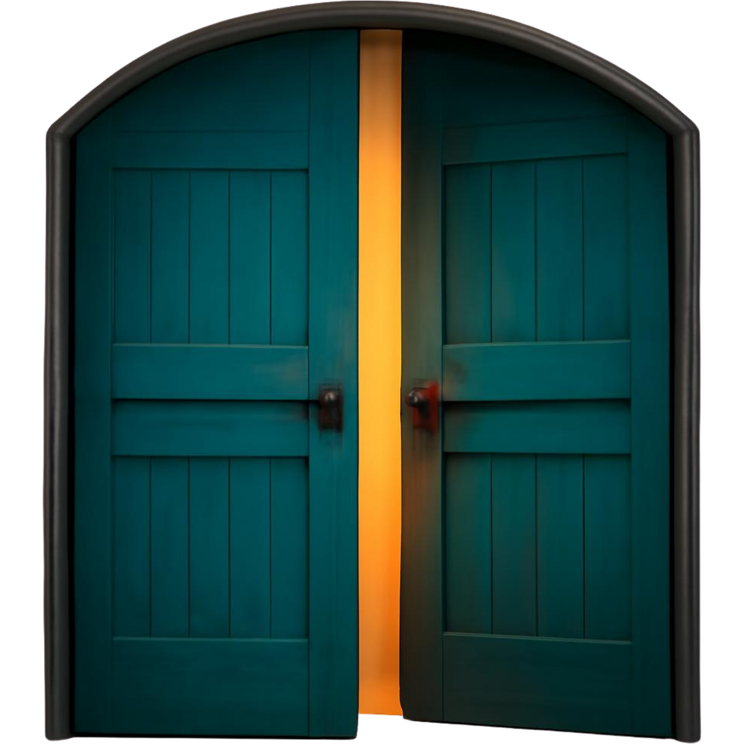 A decorative black-framed teal door with a yellow vertical strip in the center, featuring two black handles at the bottom.