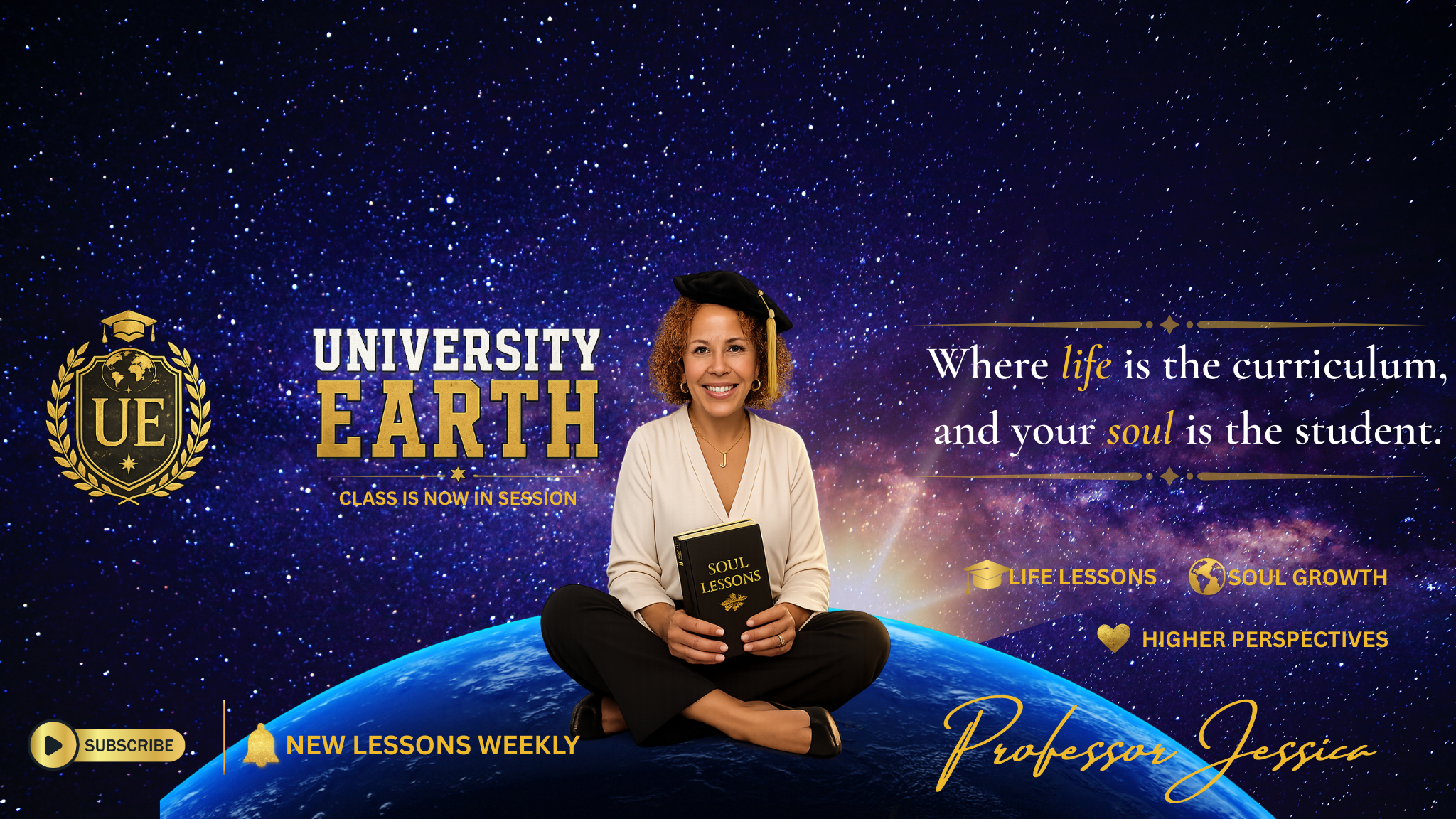 A smiling woman with curly hair wearing a graduation cap and holding a book titled 'Soul Lessons,' sitting on the Earth with a starry space background. Text promotes university earth and life lessons programs.