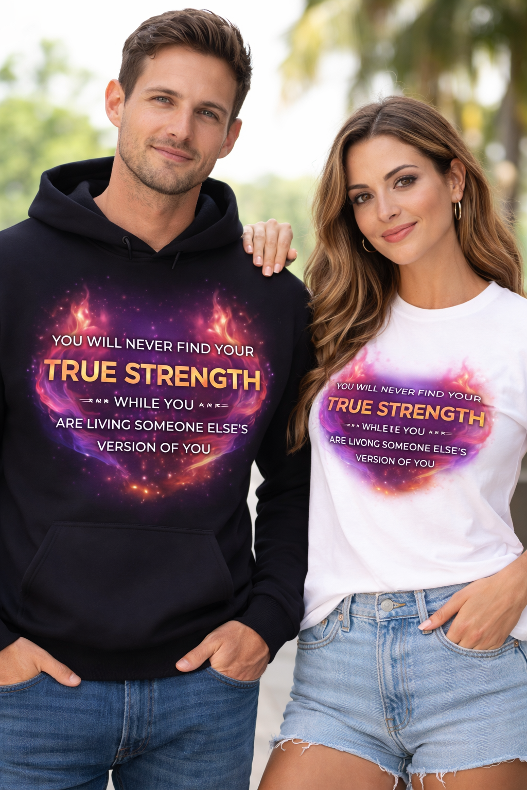A man and woman wearing white and black hoodies with matching motivational messages about true strength, standing outdoors with green trees in the background.