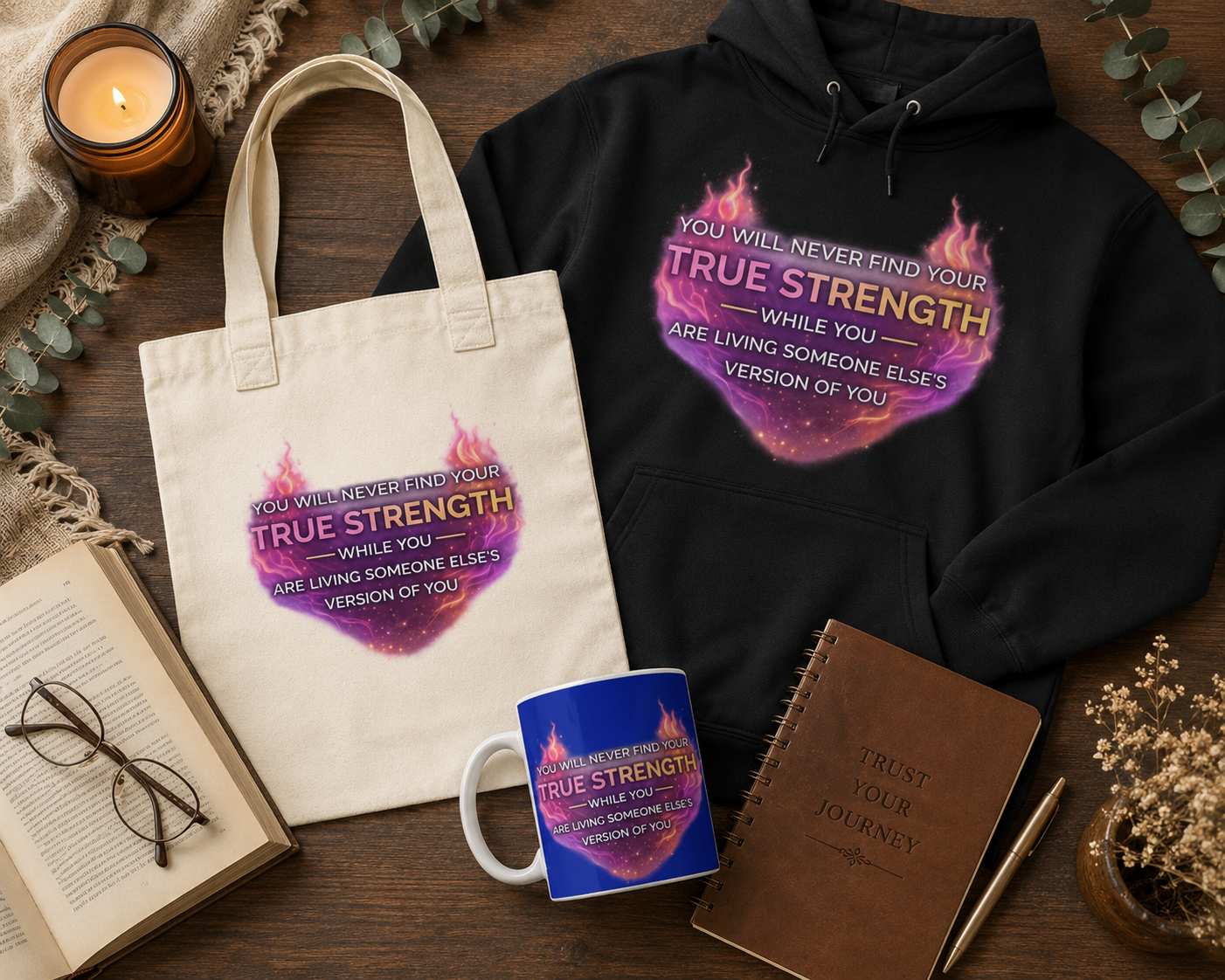 A collection of items on a wooden surface, including a candle, eyeglasses, an open book, a beige tote bag, a mug, a black hoodie, a brown journal, a notebook, a pen, and some dried flowers. The tote bag, hoodie, and mug all display the same motivational quote with a fiery heart graphic: "You will never find your true strength while you are living someone else's version of you."