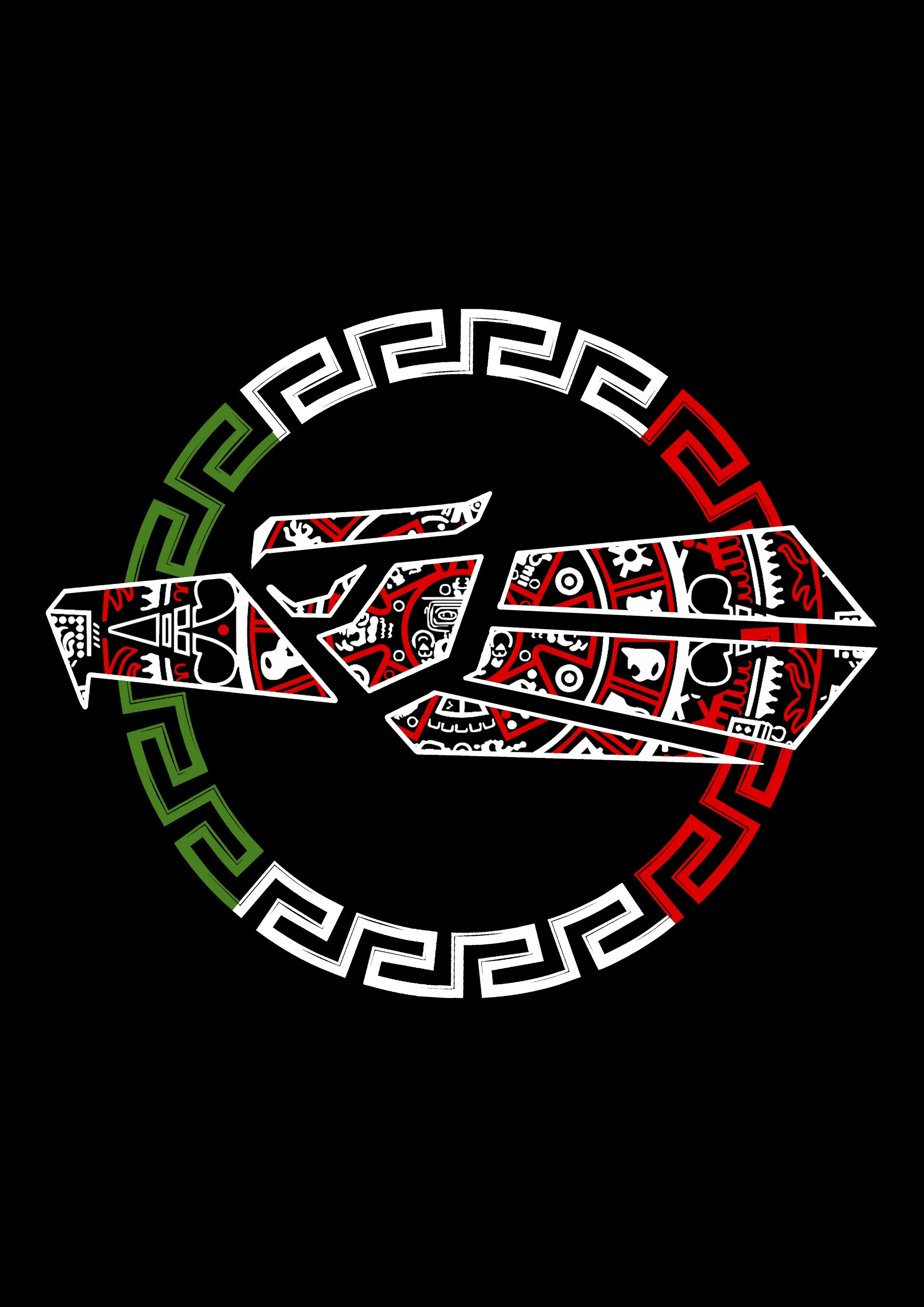 A stylized design of a snake wrapped around a ring which is divided into three sections. The snake's body is decorated with traditional patterns in red, black, and white. The ring has an Italian flag theme, with green, white, and red sections.