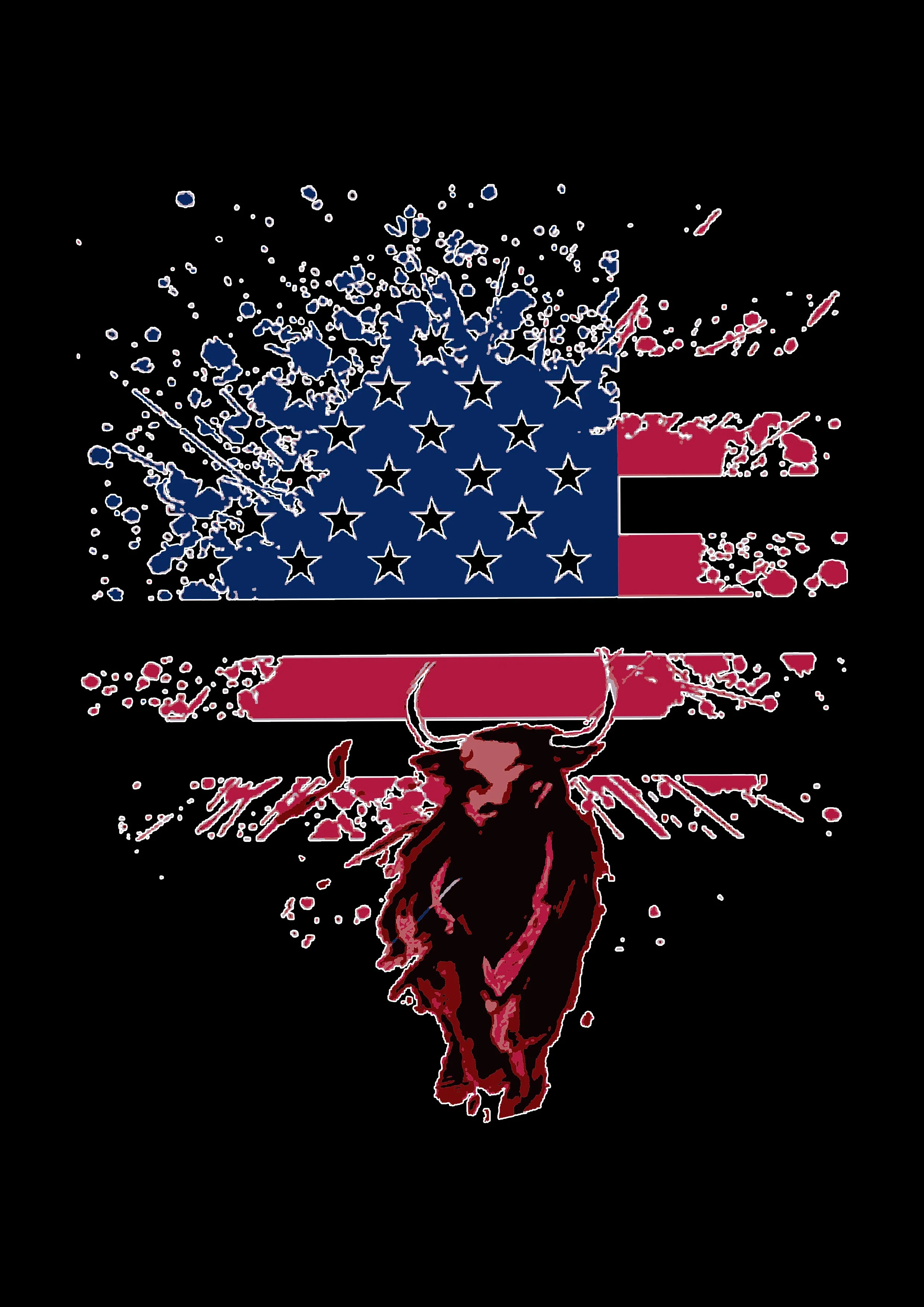 An artistic depiction of the American flag integrated with the outline of a bull's head, with a splash effect blending the flag's stripes and stars into the bull.