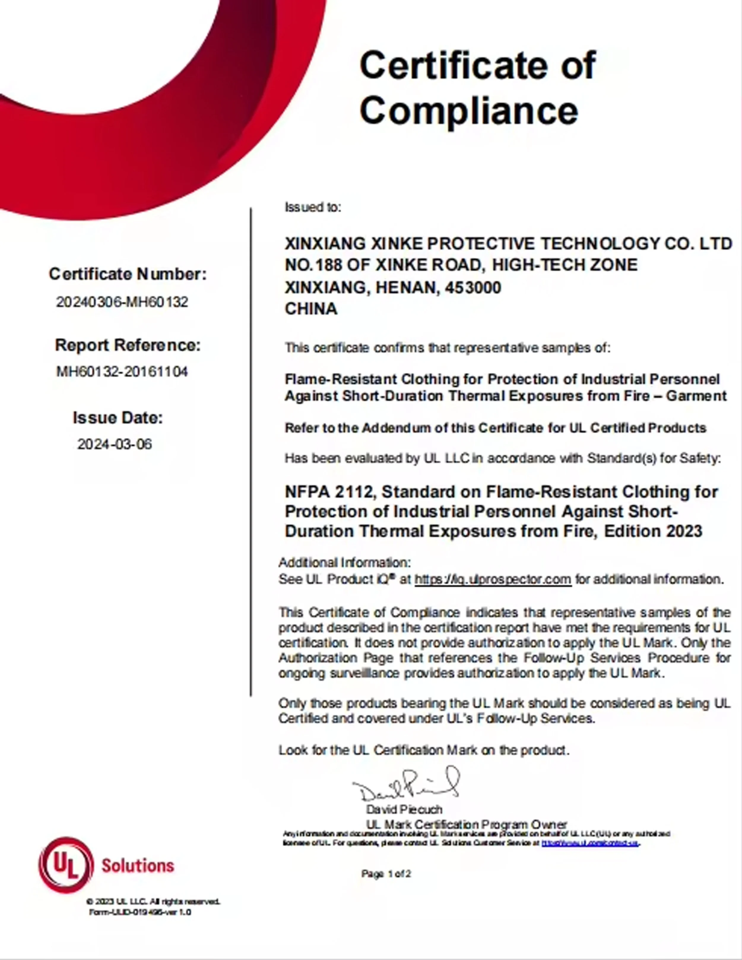 A Certificate of Compliance issued to Xinxing Xinke Protective Technology Co. Ltd., certifying that samples of flame-resistant clothing meet UL standards for protection against thermal exposures from fire, signed by David Picou and including the UL logo and a signature. The document is on two pages, with the first page visible.