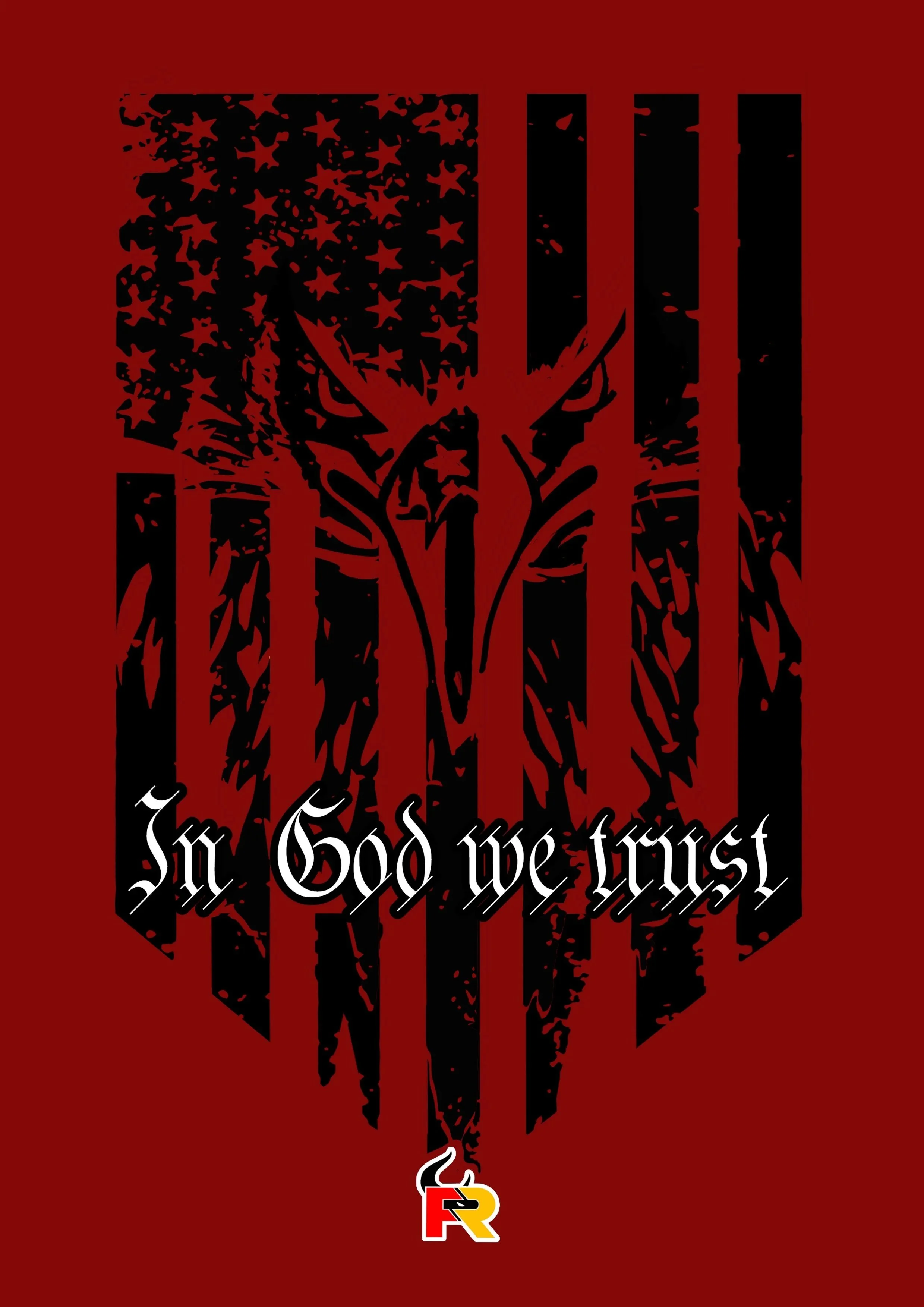 A stylized black American flag with distressed stars and stripes, with the phrase 'In God We Trust' written in white Gothic font below. A small logo featuring a steaming coffee mug with the initials 'FR' in red, yellow, and black is at the bottom.