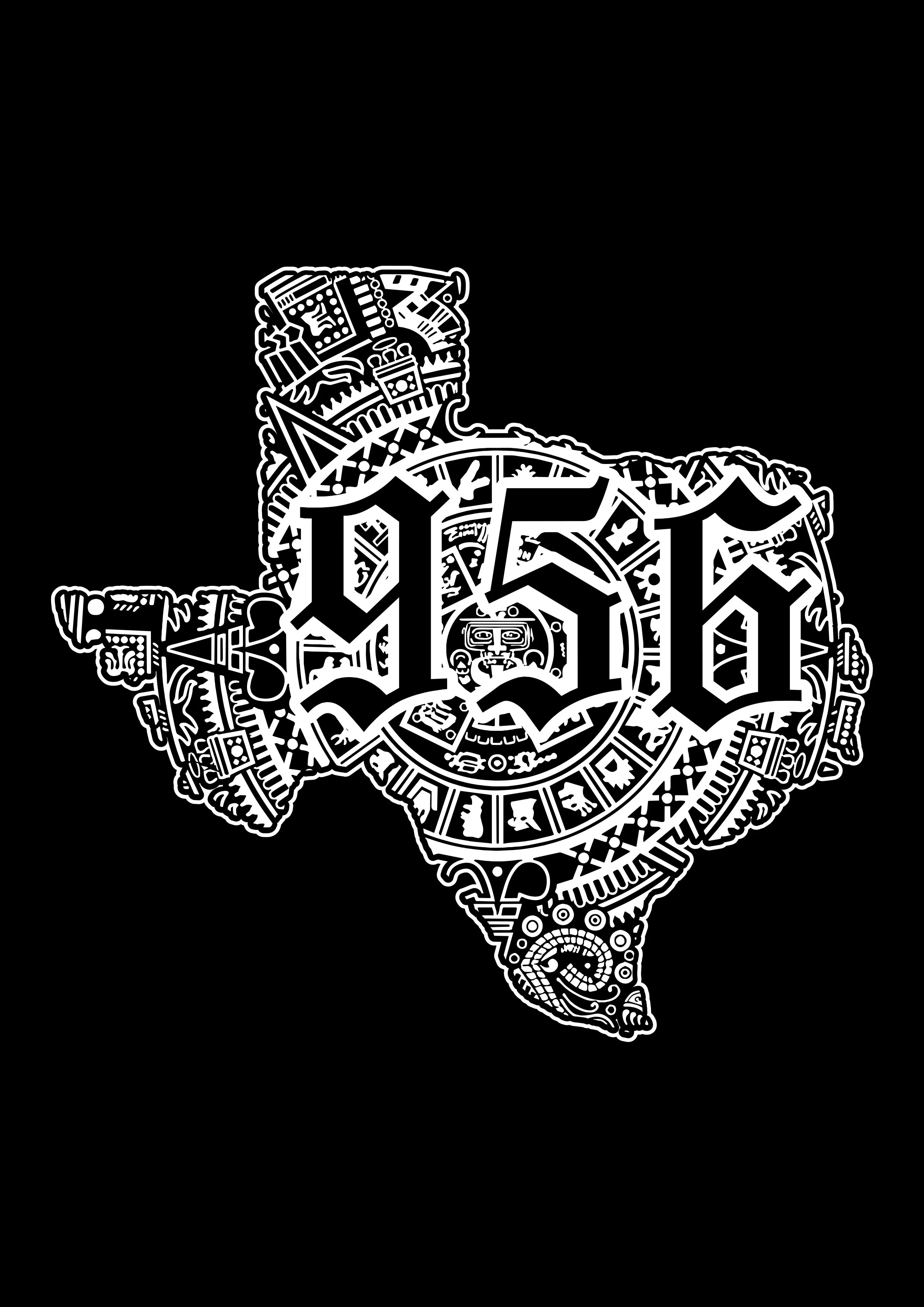 A black and white artistic illustration of the shape of Texas filled with intricate, stylized patterns and symbols.