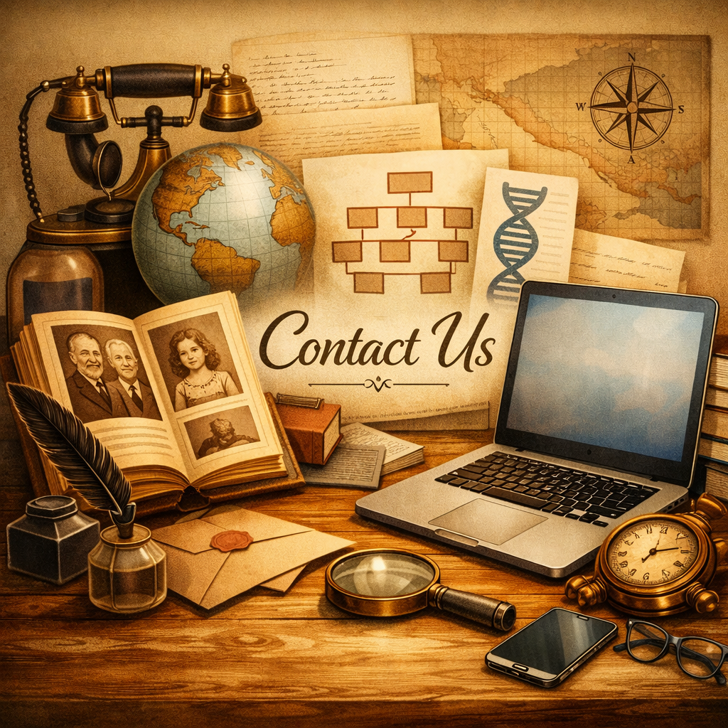 A vintage desk setup with antique items, globe, old maps, DNA helix diagram, family photo album, laptop, and a "Contact Us" sign.