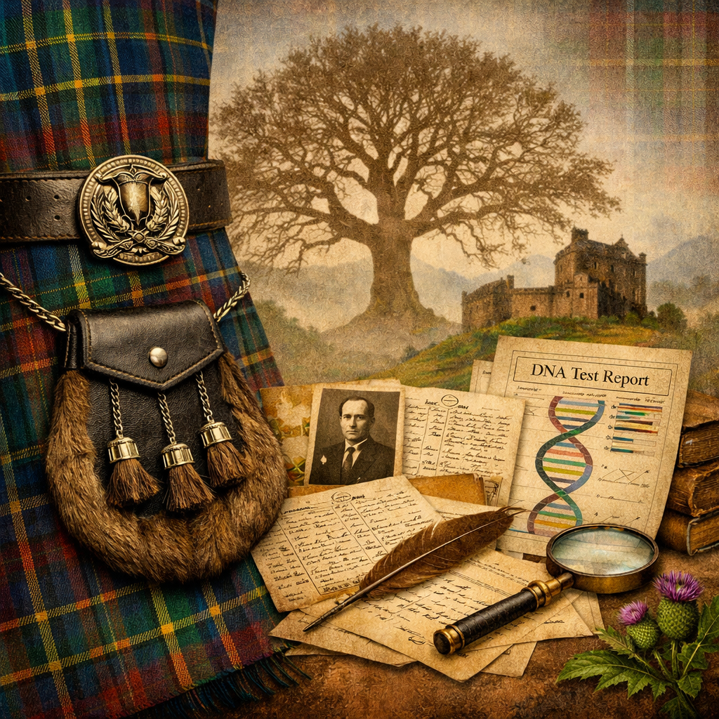 A Scottish tartan cloth, a leather bag with tassels and metal accents, vintage photographs, handwritten documents, a magnifying glass, a DNA test report, a feather, and thistle flowers arranged in front of a background featuring a large, leafless tree and an old castle.