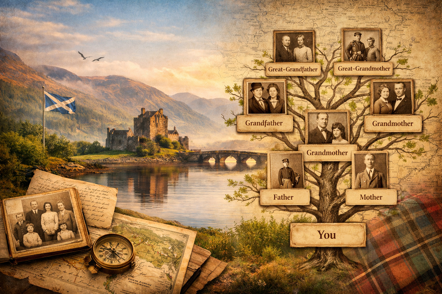 A family tree with vintage black-and-white photographs of ancestors, labeled as great-grandfather, great-grandmother, grandfather, grandmother, father, mother, and you, over a scenic background of a Scottish castle, lake, and mountains.