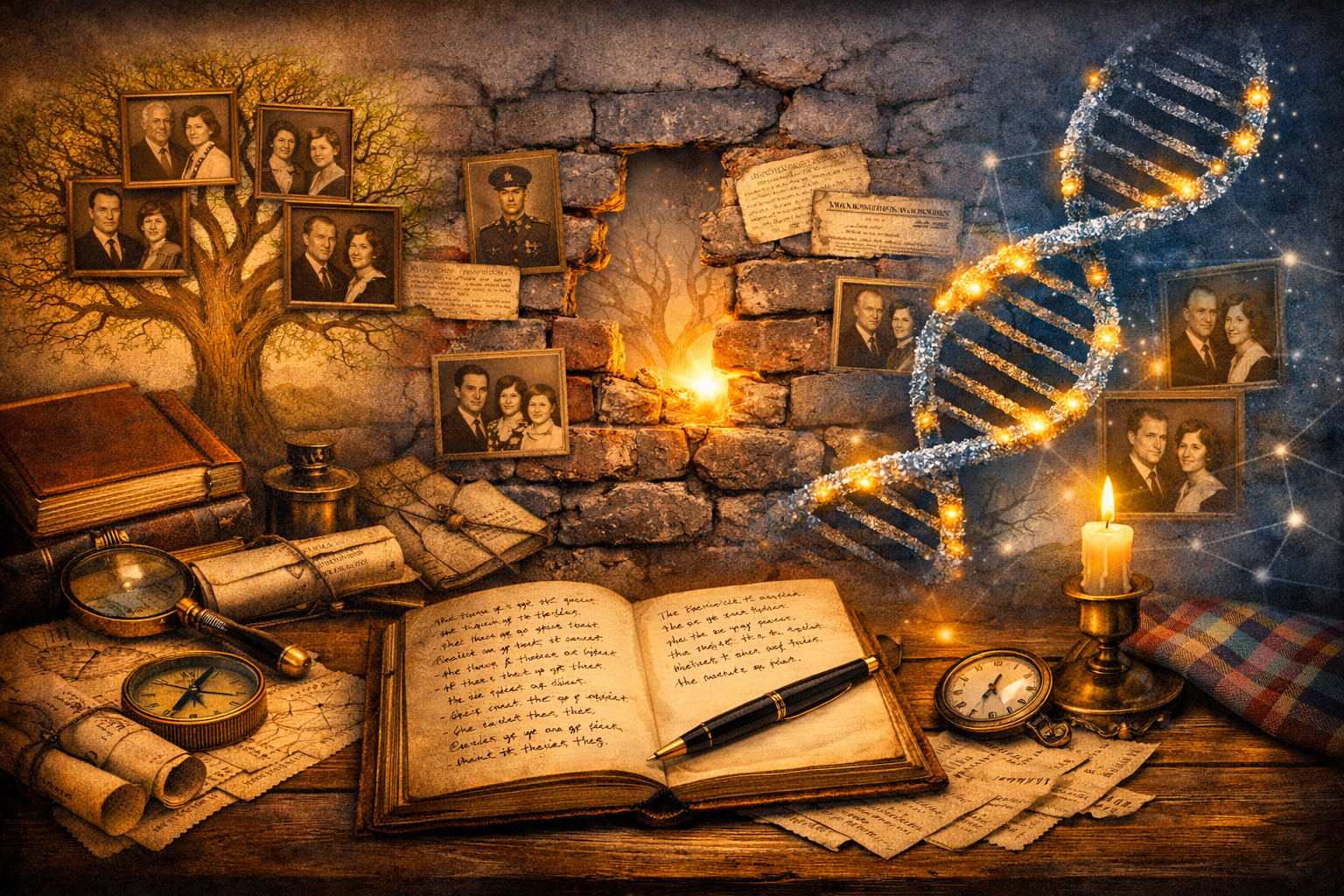 A collage blending vintage photographs of a family and a soldier, old handwritten documents, books, a candlestick with a lit candle, a magnifying glass, a pocket watch, and a DNA helix glowing with sparks against a textured brick wall background.