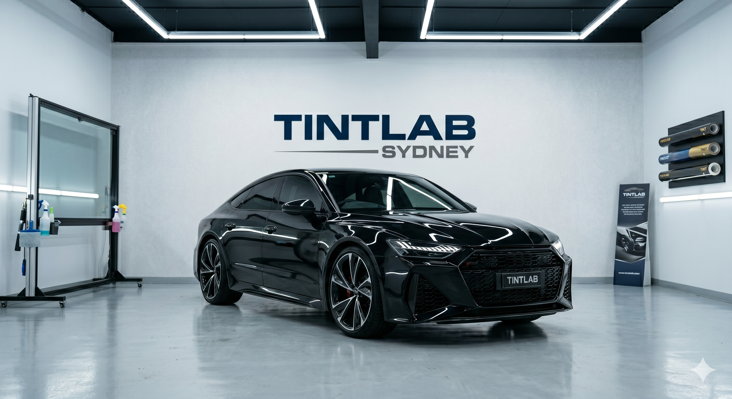 window tinted vehicle with 'TINTLAB SYDNEY' on the wall