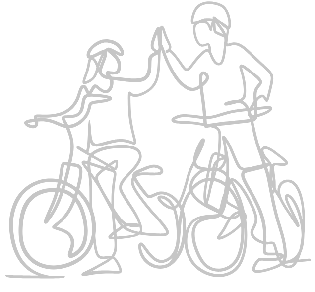 Line art of two people giving each other a high five, with bikes nearby.