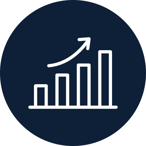 A white ascending bar chart with an upward trending arrow on a dark blue circular background.