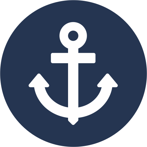 White anchor symbol on a dark blue circular background.