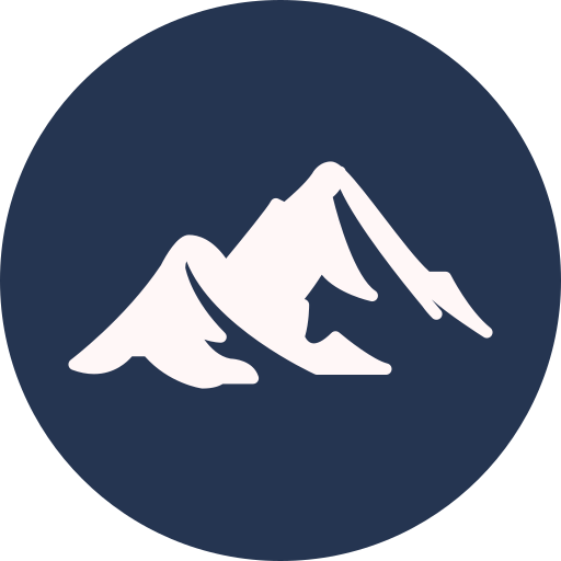 Icon of white mountain peaks on a dark blue circular background.