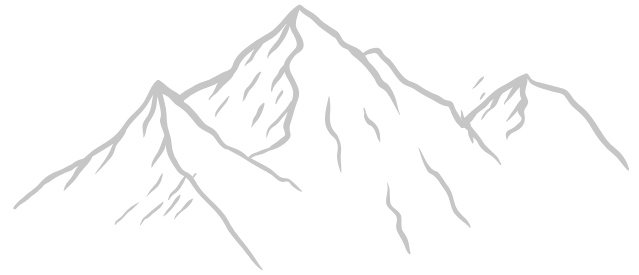 Line drawing of three mountain peaks with rugged ridges on a black background.