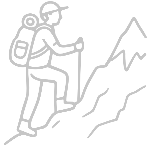 Line drawing of a person hiking up a mountain with a backpack and hiking pole.