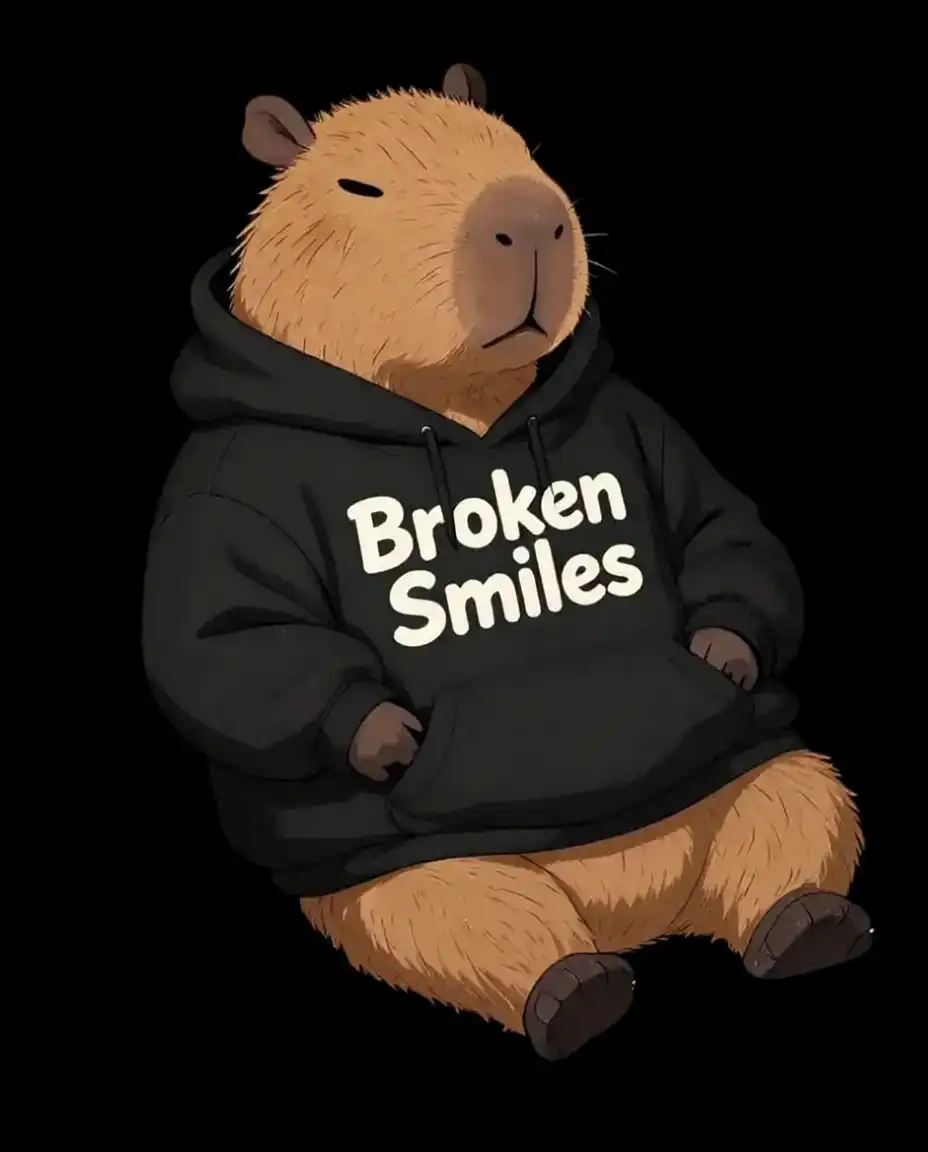 Cartoon bear with a relaxed pose wearing a black hoodie that says "Broken Smiles" on it, against a black background.