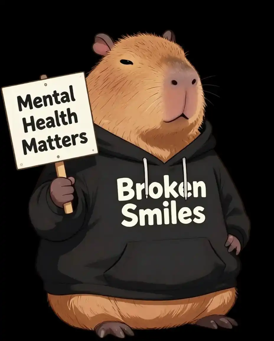 Cartoon guinea pig wearing a black hoodie that says 'Broken Smiles,' holding a sign that reads 'Mental Health Matters,' against a black background.