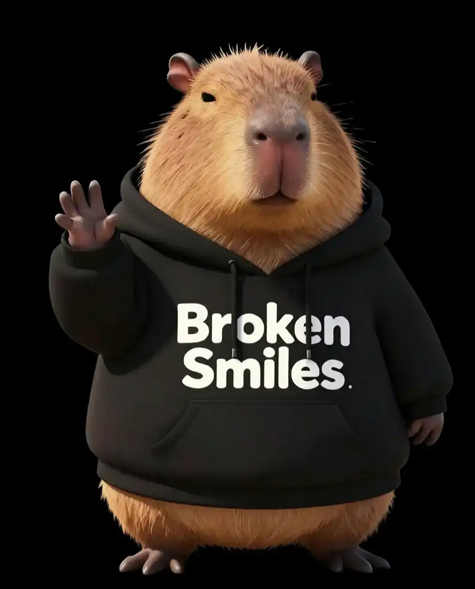 A digitally edited hamster with a human-like face wearing a black hoodie that says "Broken Smiles." The hamster is waving with one paw against a black background.