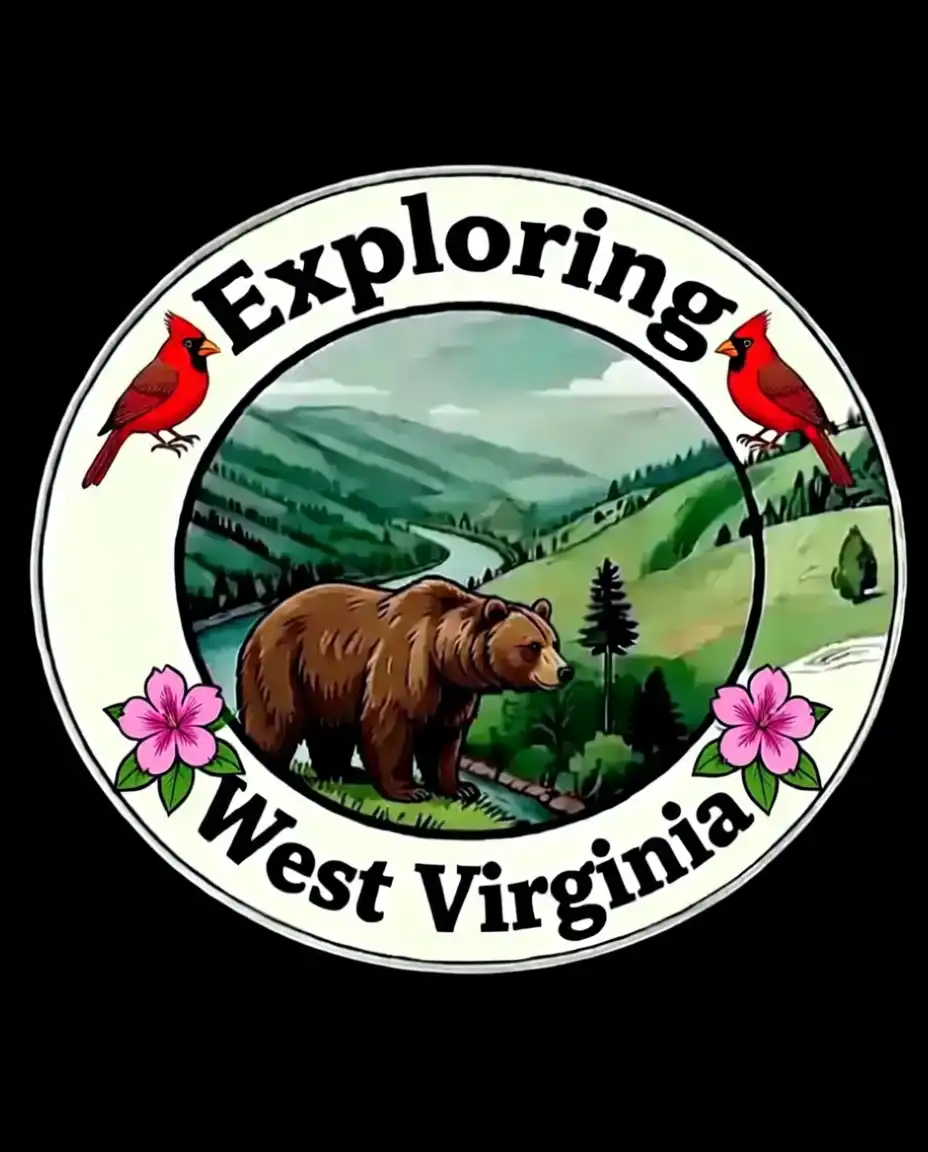 A circular emblem with the words "Exploring West Virginia" and a landscape scene featuring mountains, a river, a bear, and pink flowers, with two red cardinals perched on the top.