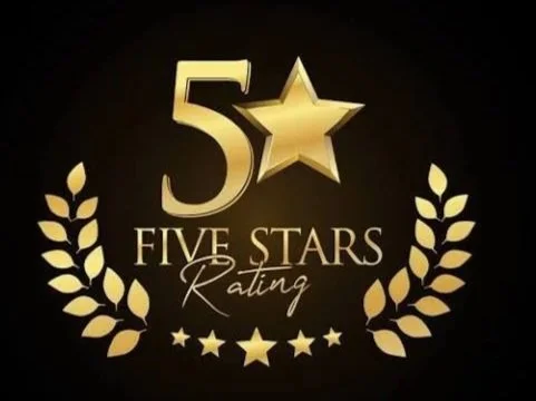 Graphic with gold text reading '5 Stars' and 'Five Stars Rating' with laurel wreaths and stars, on a black background.