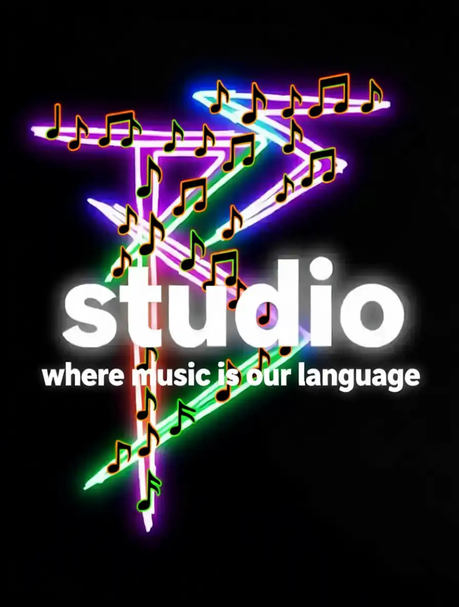 Neon music notes with the word 'studio' and the tagline 'where music is our language' on a black background.