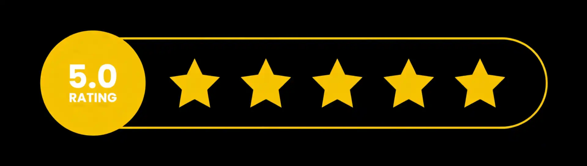 A black background with a yellow rating badge showing a 5.0 rating and five gold stars.