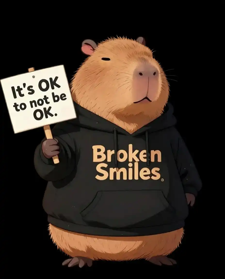 Cartoon bear holding a sign that says "It's OK to not be OK". The bear is wearing a black hoodie with "Broken Smiles" written on it, standing against a black background.