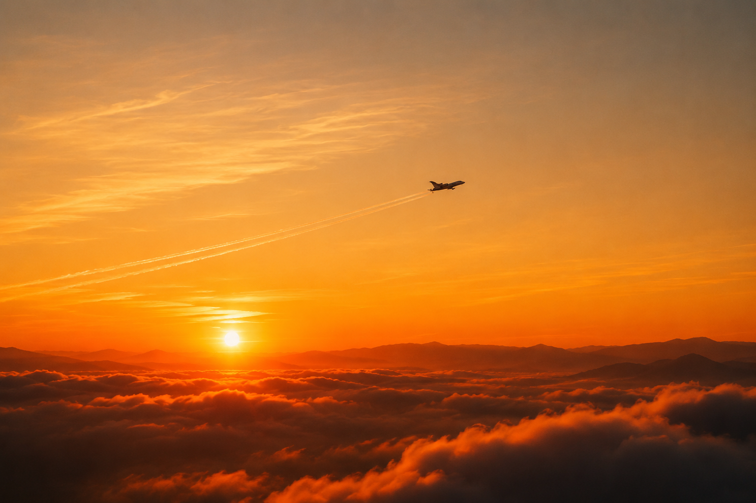 Private Jet flying over clouds at sunset