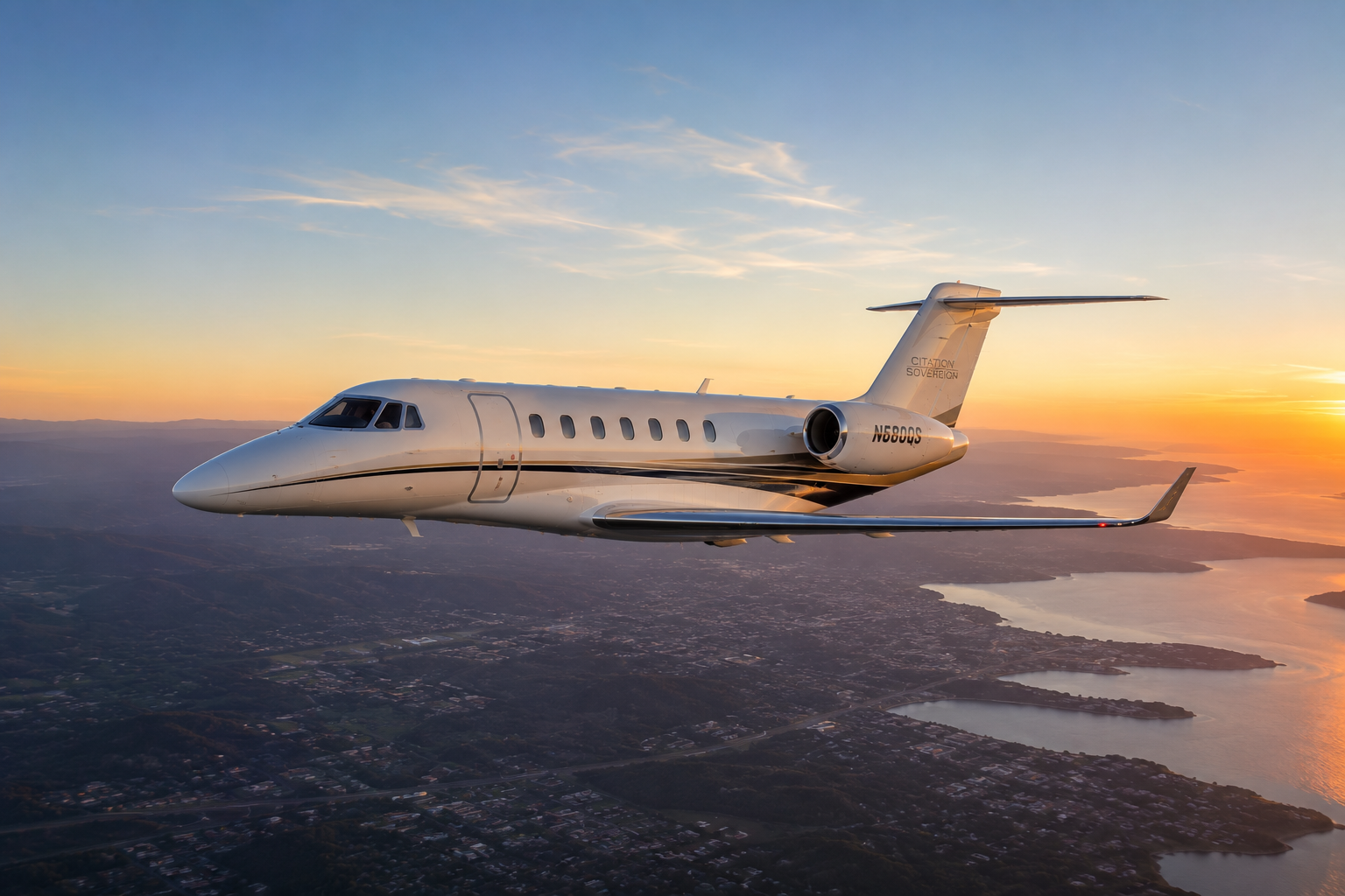 A private jet flying over a coastal landscape at sunset.