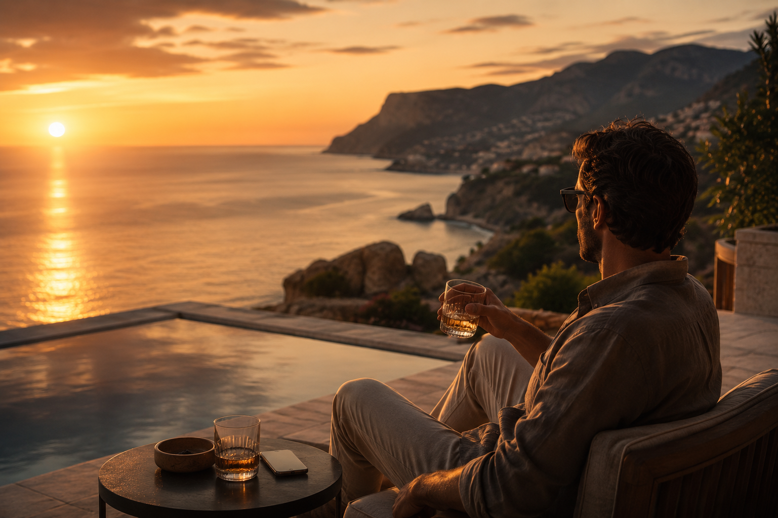 A man relaxing by a pool during sunset, holding a glass of drink, overlooking a scenic coastal view with mountains.
