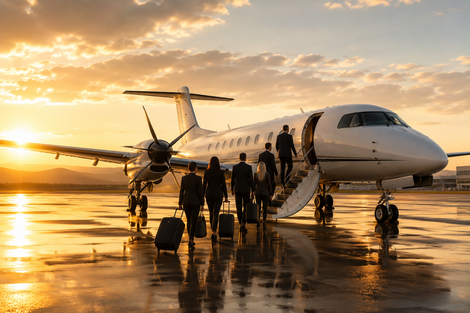 A group of businesspeople in formal attire walking up to a private jet on an airport tarmac at sunset, carrying luggage.