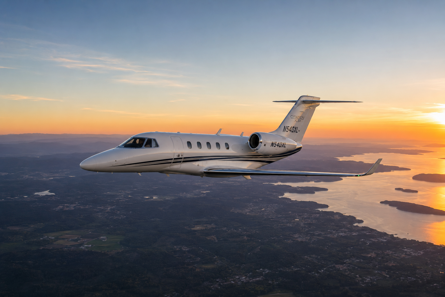 A private jet flying over a landscape at sunset.