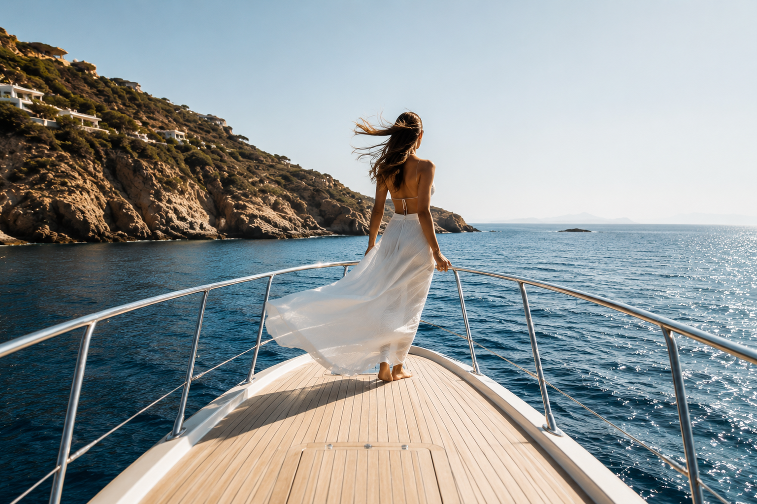 A woman in a white dress standing on the bow of a yacht, looking out over the ocean with rocky cliffs and a clear sky in the background.