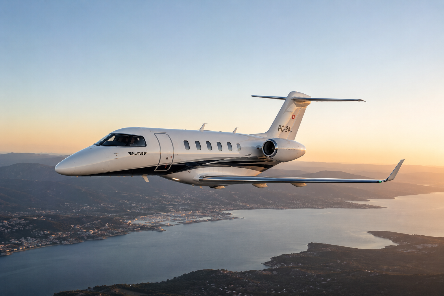 A private jet flying over a coastal landscape during sunset.